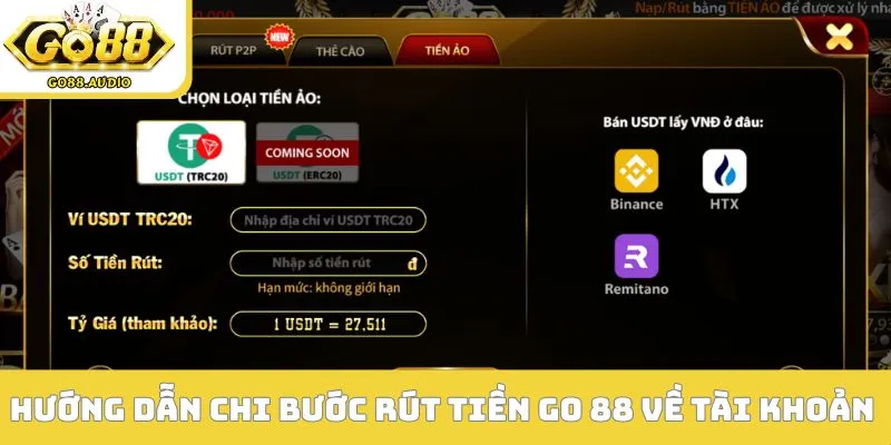 Hướng dẫn chi bước rút tiền GO 88 về tài khoản